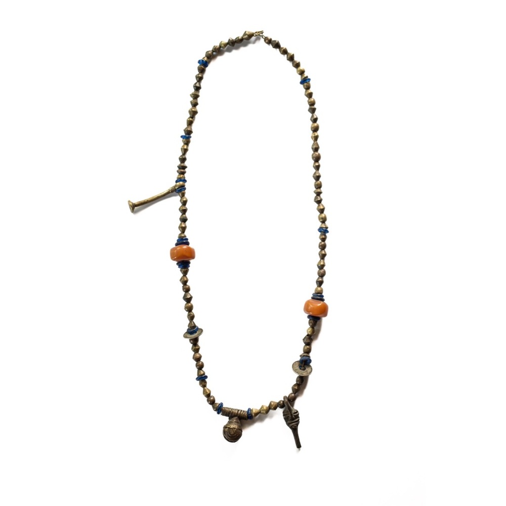 Vintage African Tribal Brass & Amber Bead Necklace